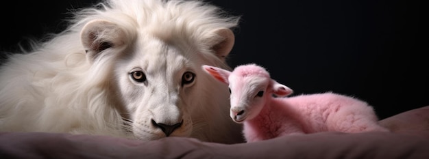 a white lion and a baby lamb