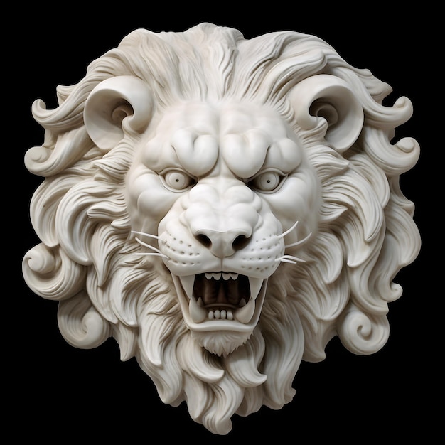 A white lion head with a large mouth and a large grin on it.