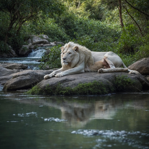 Photo a white lion laying on a rock next to a river