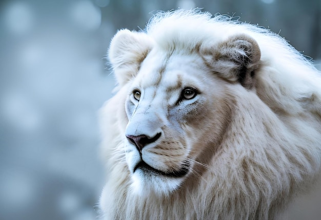 A white lion with a blue background