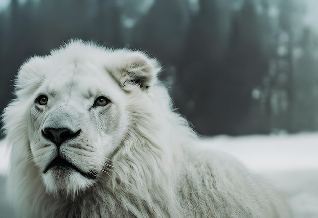 A white lion with a blue eye and a black background