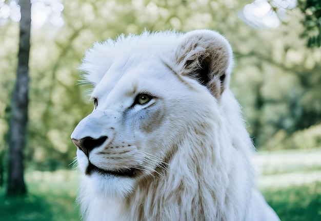 A white lion with a blue eye and a green background