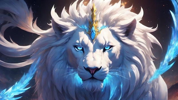 Photo a white lion with blue eyes and a gold crown on its head