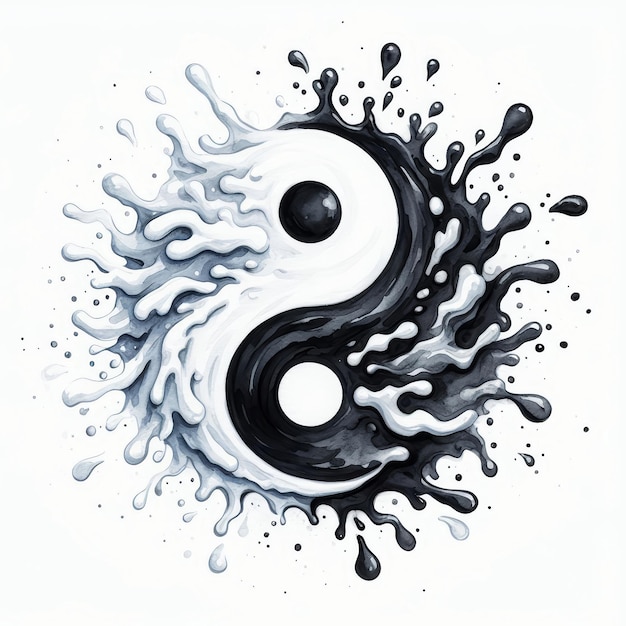 Photo white liquid and black liquid collide with each other and transformed to a yin yang symbol