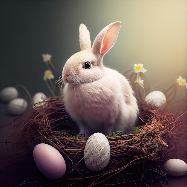 A white little rabbit sitting in a nest around there are eggs and flowers with soft light