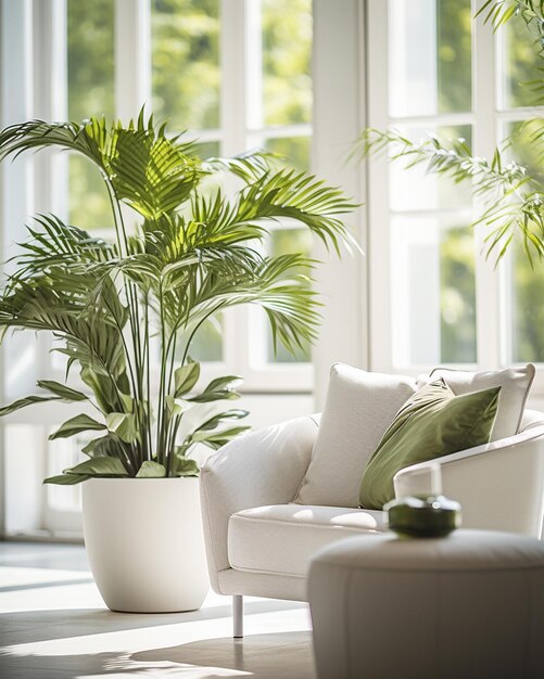 White Living Room Adorned With Potted Palms