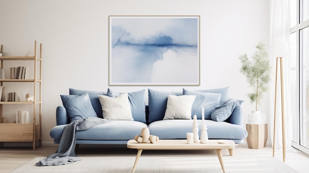 White living room blue sofa poster