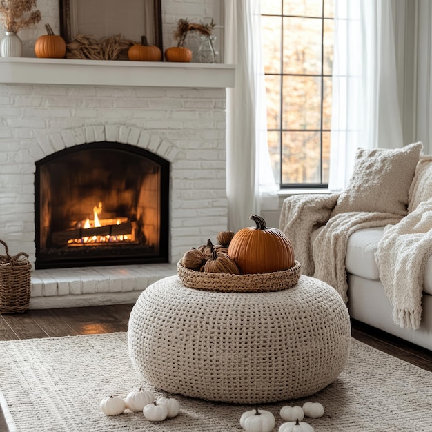 White Living Room Decor with Basket Ottoman and Fireplace with Pumpkins in Earthy Tones