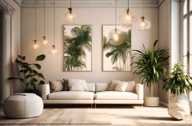 A white living room has white lamps green plants and a white couch