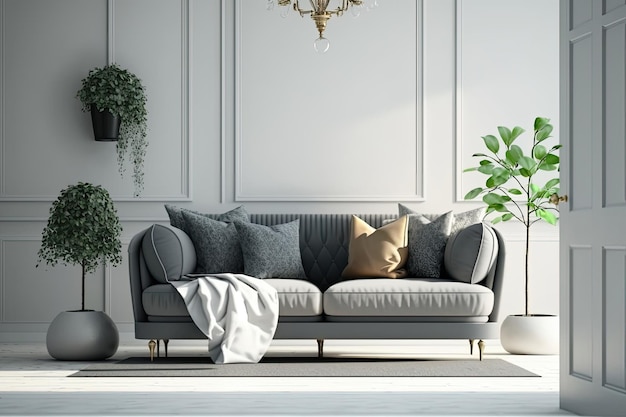 White Living Room Interior Design with Gray Sofa Illustration AI Generative