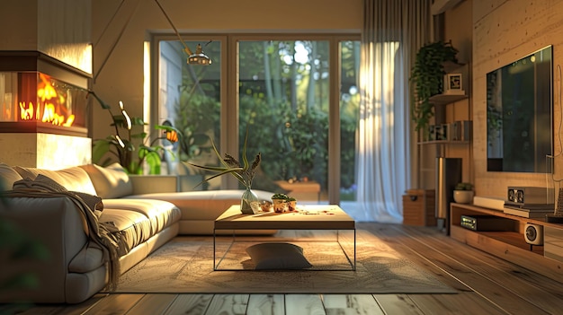 White living room interior with sofa and drawer with art decoration carpet on hardwood floor Mock up