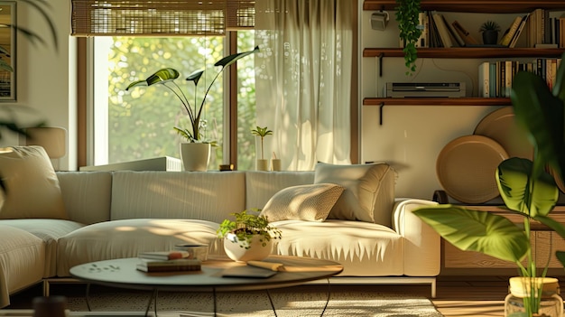 White living room interior with sofa and drawer with art decoration carpet on hardwood floor Mock up