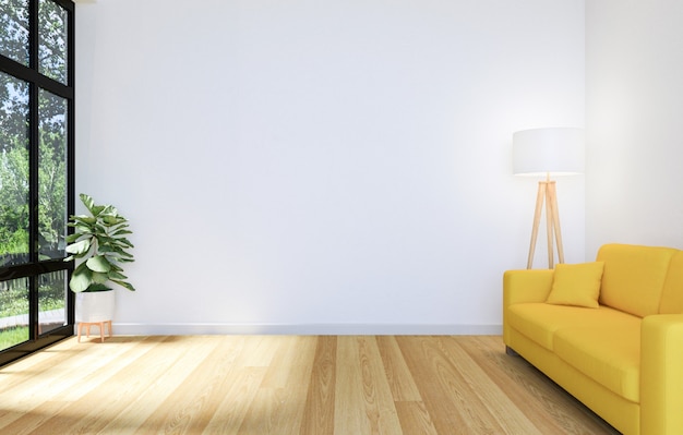 White living room with big window and yellow sofa