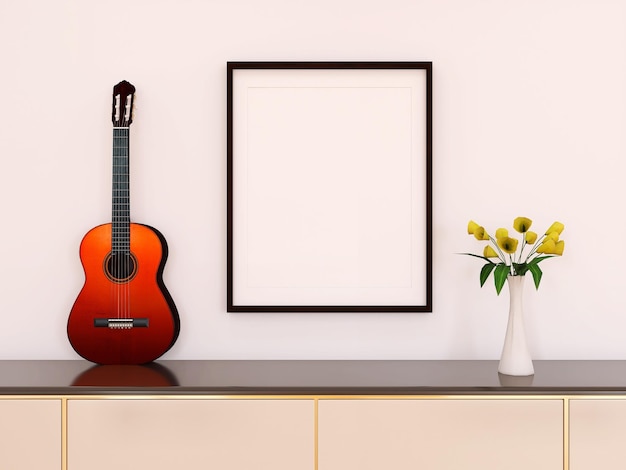 White living room with cabinet flower guitar and poster frame 3D render