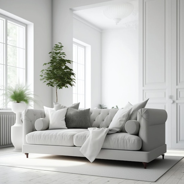 A white living room with a couch and a plant in the corner.