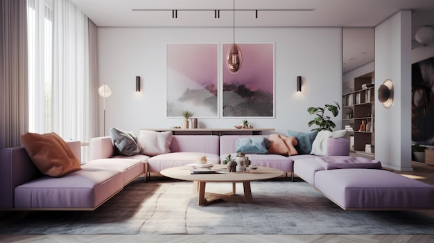 White living room with empty walls and lilac large sofa Cozy house interior design