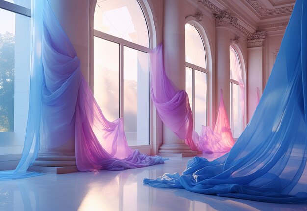 White living room with large windows veiled with gauze curtains in purple pastel shades