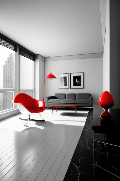 white living room with luxury red chair and sofa accents