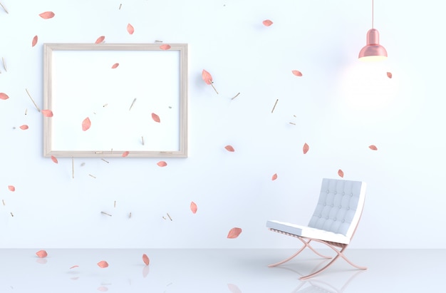 White living room with picture frame, blow pink leaves