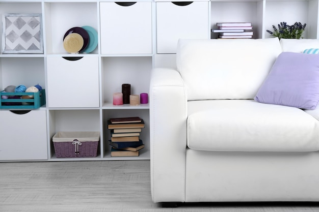 White living room with sofa and bookcase