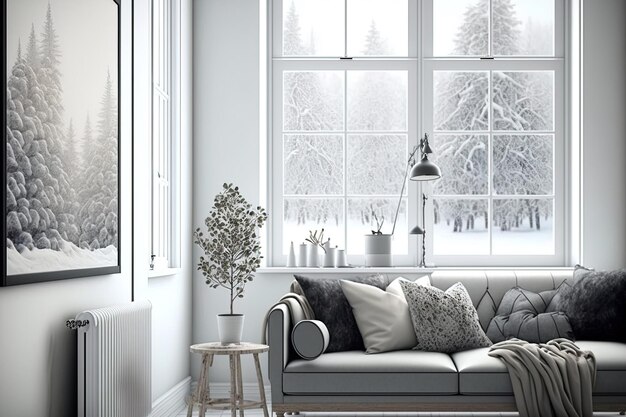 A white living room with a sofa and a window with a winter scene Scandinavian style in decorating