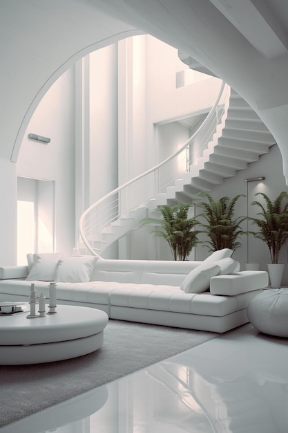 A white living room with a spiral staircase and a white couch.