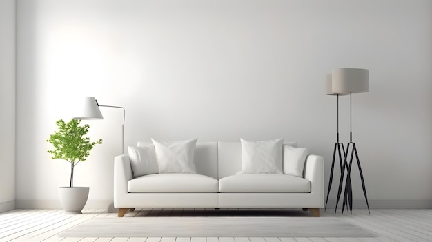 A white living room with a white couch and a lamp.