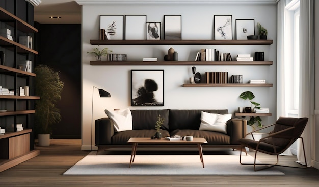 White living room with a white sofa and a white shelf