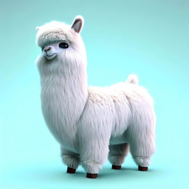 A white llama with a long neck and a blue background.