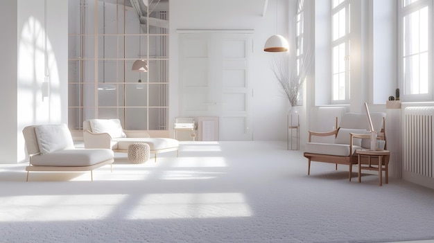 White loft interior in scandinavian style with pattern carpet Generative AI