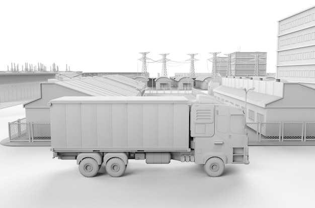 White logistic trailer truck or lorry model in industrial estate for smart logistic or white industrial