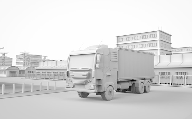 White logistic trailer truck or lorry model in industrial estate for smart logistic or white industrial