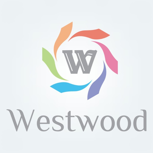 a white logo with a colorful leaf and a circle with the word west on it