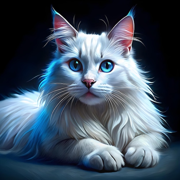 white long haired cat with blue eyes lying down