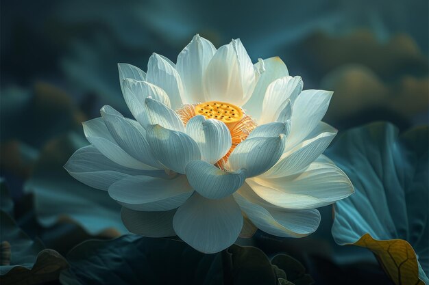 White lotus flower in full bloom against a dark pond