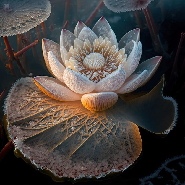 A white lotus flower with a leaf on it