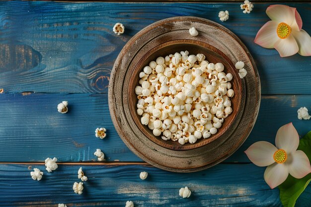 Photo white lotus seed popcorn on board