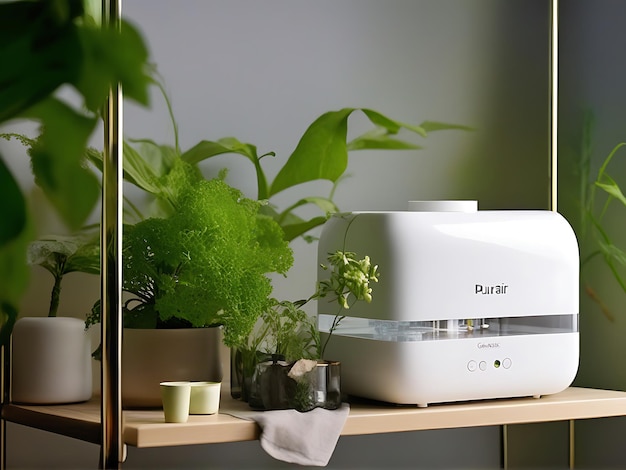 a white machine with a plant on it