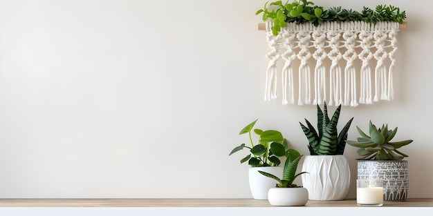 White Macrame Wall Decor with Plants and Candles in Interior Setting Concept Home Decor Macrame Wall Hanging Indoor Plants Candles Interior Design