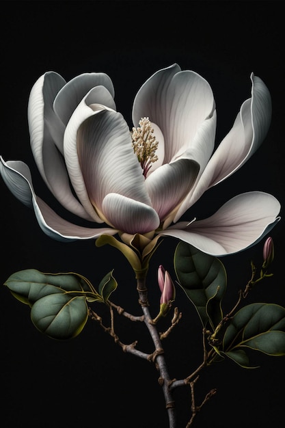 A white magnolia flower with green leaves on a black background.