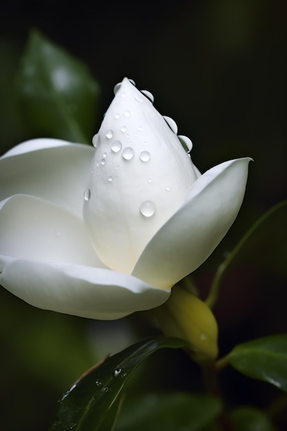 A white magnolia flower with water droplets on it.