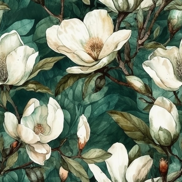 White magnolia flowers on a green background. watercolor.