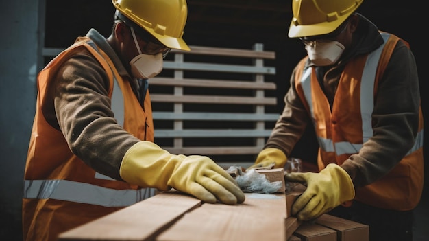 White male construction workers wearing gloves hold building materials Generative AI