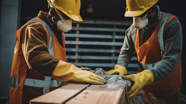 White male construction workers wearing gloves hold building materials Generative AI