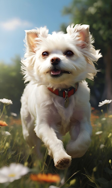 white Maltese dog running through a grassy meadow surrounded by greenery and wildflowers