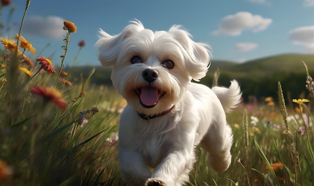 white Maltese dog running through a grassy meadow surrounded by greenery and wildflowers