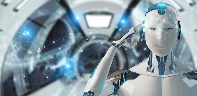 White man robot using digital network connection 3D rendering