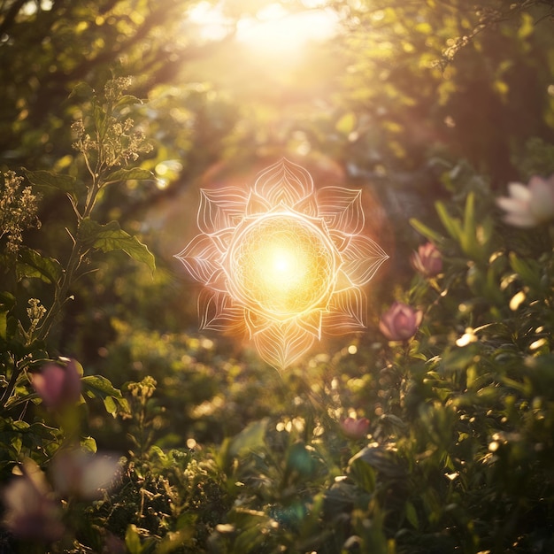 Photo a white mandala glows in the sunlight surrounded by lush green foliage