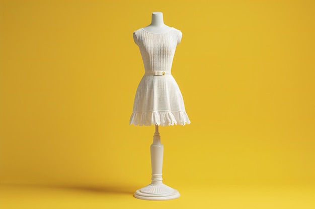 A white mannequin on an isolated yellow background is a simple yet elegant display of the classic dr