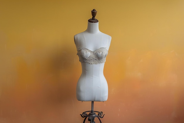 A white mannequin torso on an iron stand against the background of a yellow orange gradient in a mi